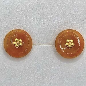 Vtg 10K Yellow Gold Daisy Carnelian Button Disc Shaped Stud Earrings .5”